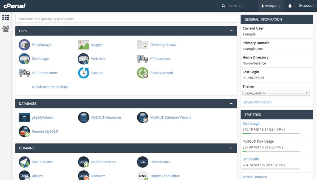 cpanel control panel screenshot